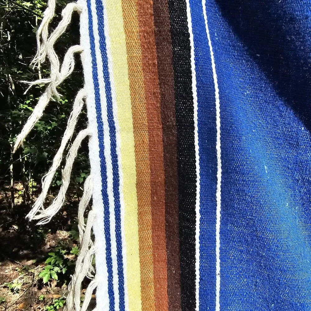 Vintage Handmade Mexican Serape Wool Blanket – Blue Multicolor Stripes, 45x80